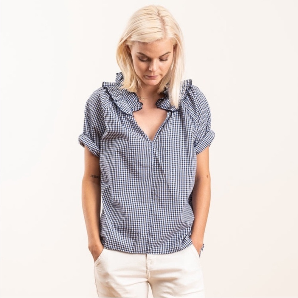 A Shirt Thing | Margot Ruffleneck Blouse in Navy Gingham, Size P/S